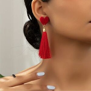 Elegant Red Heart Tassel Earrings